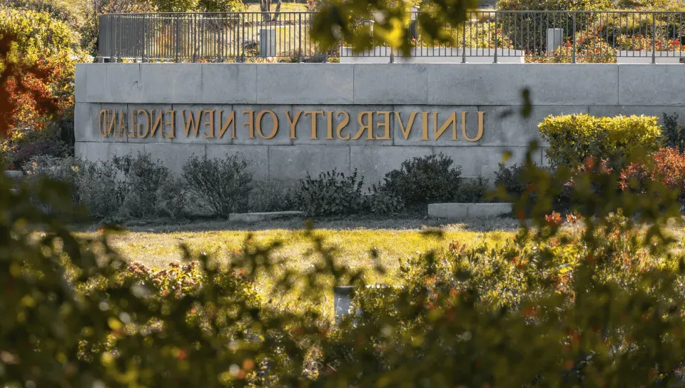 A stone sign bearing the name "University of New England" is seen through the trees